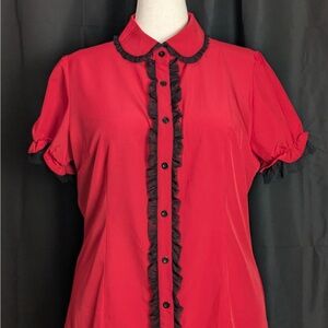 Vintage Red Button Up Blouse with Black Accents